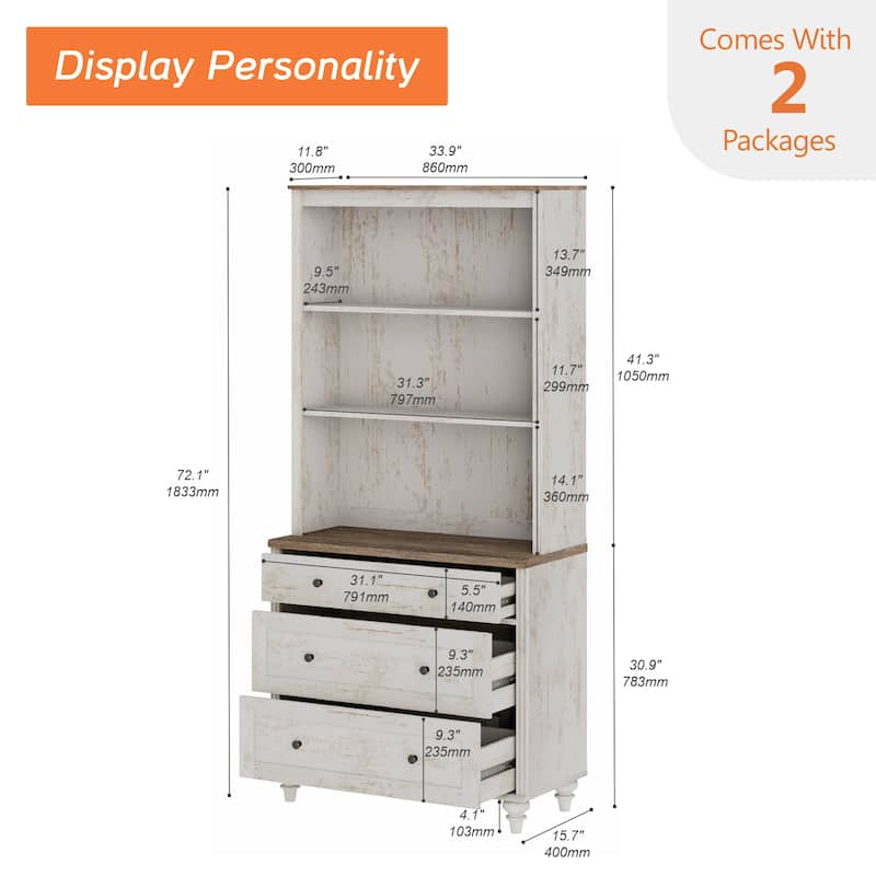 Rustic White Bookcase with Doors, Large Wood Farmhouse Book Case Shelf
