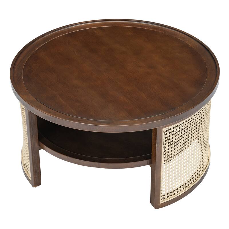 2-Tiered Round Coffee Table with Curved-Edge Top & Rattan Base, Boho Wood Center Table with Storage Shelf for Living Room
