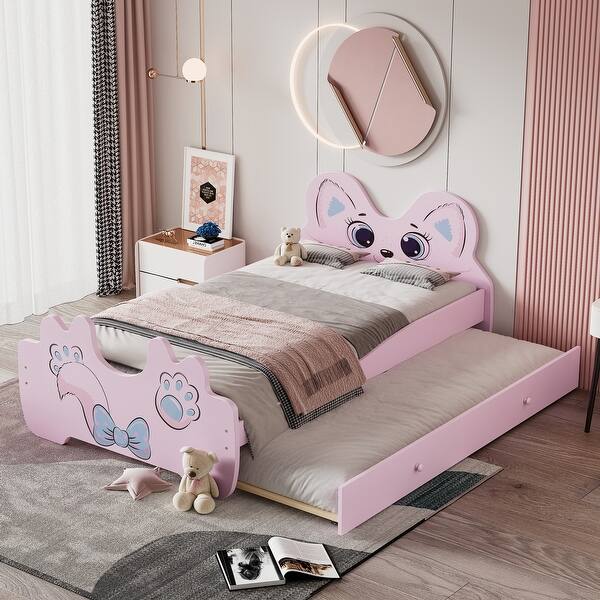 slide 2 of 14, Cartoon Headboard Design Twin Size Platform Bed with Twin Size Trundle Pink