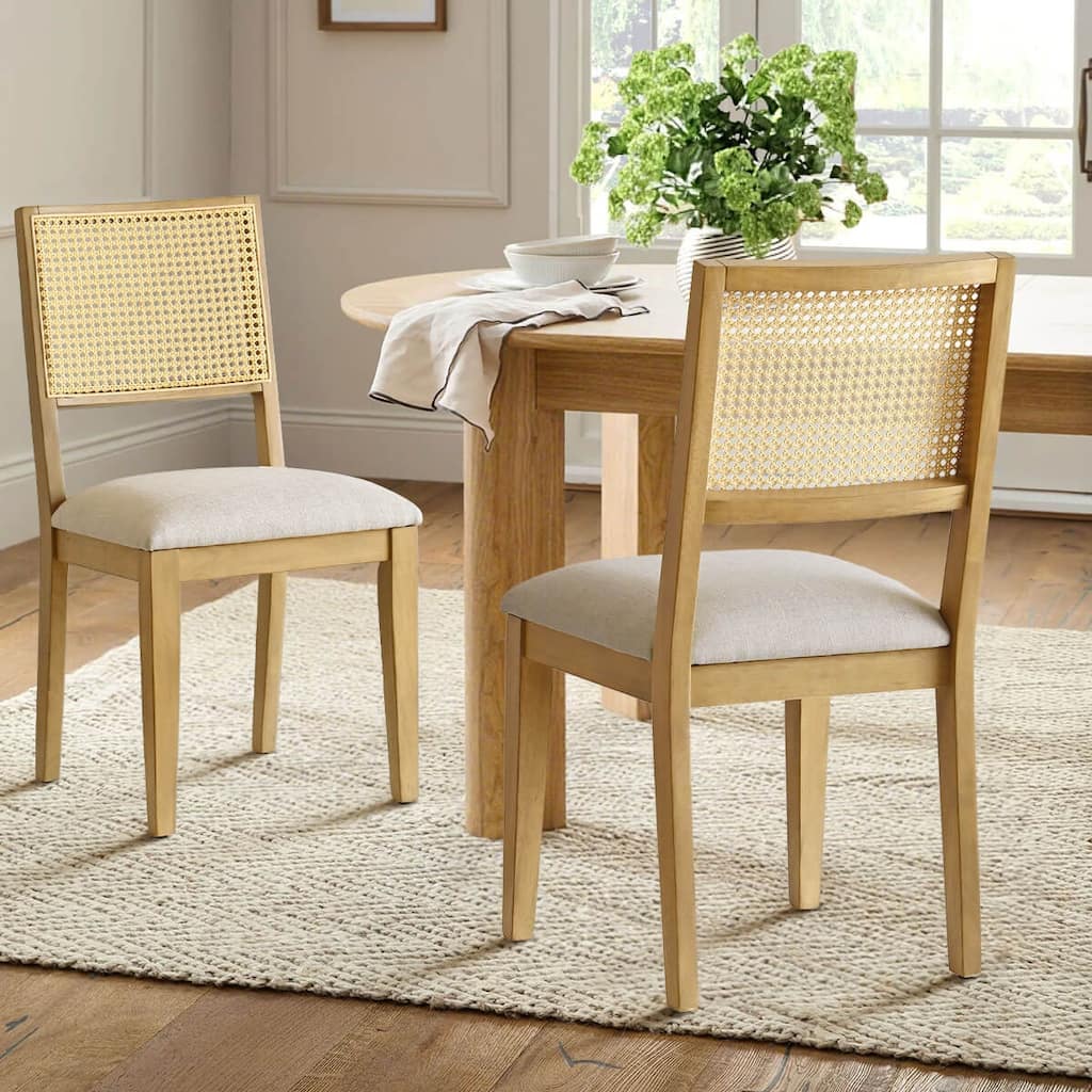 Rattan Back Upholstered Dining Chair With Solid Wood Legs(Set of 2)