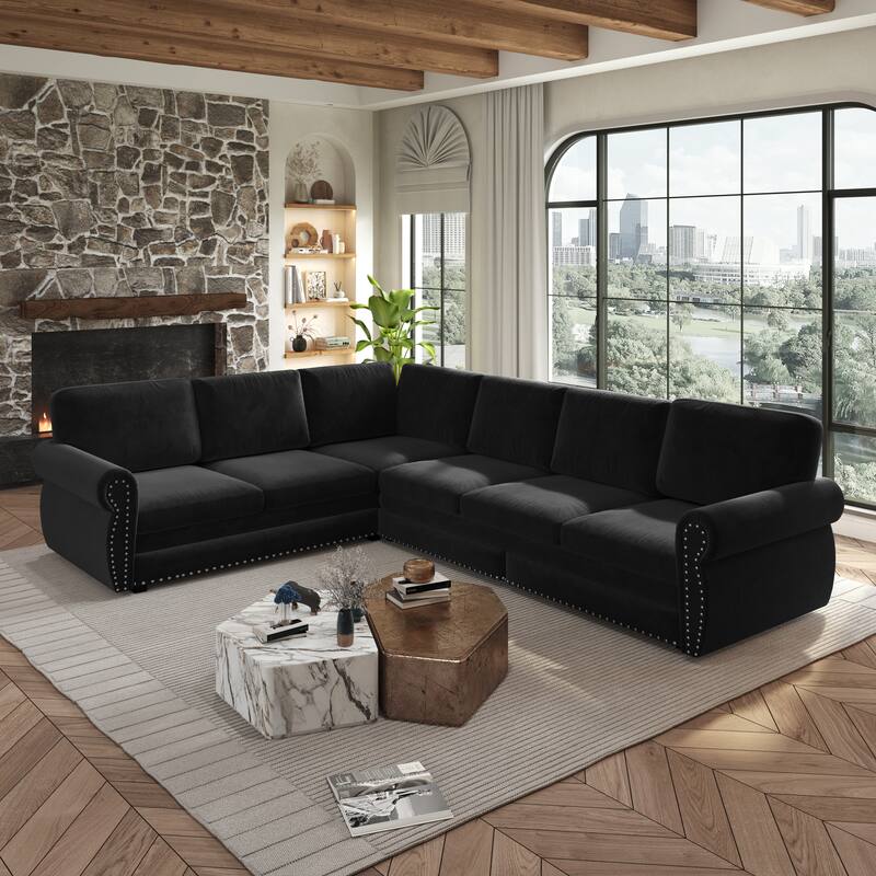 L-Shaped Sectional Sofa with Pull-Out Bed, Oversize Convertible Sleeper Sofa with Rolled Arms, Chenille Upholstery