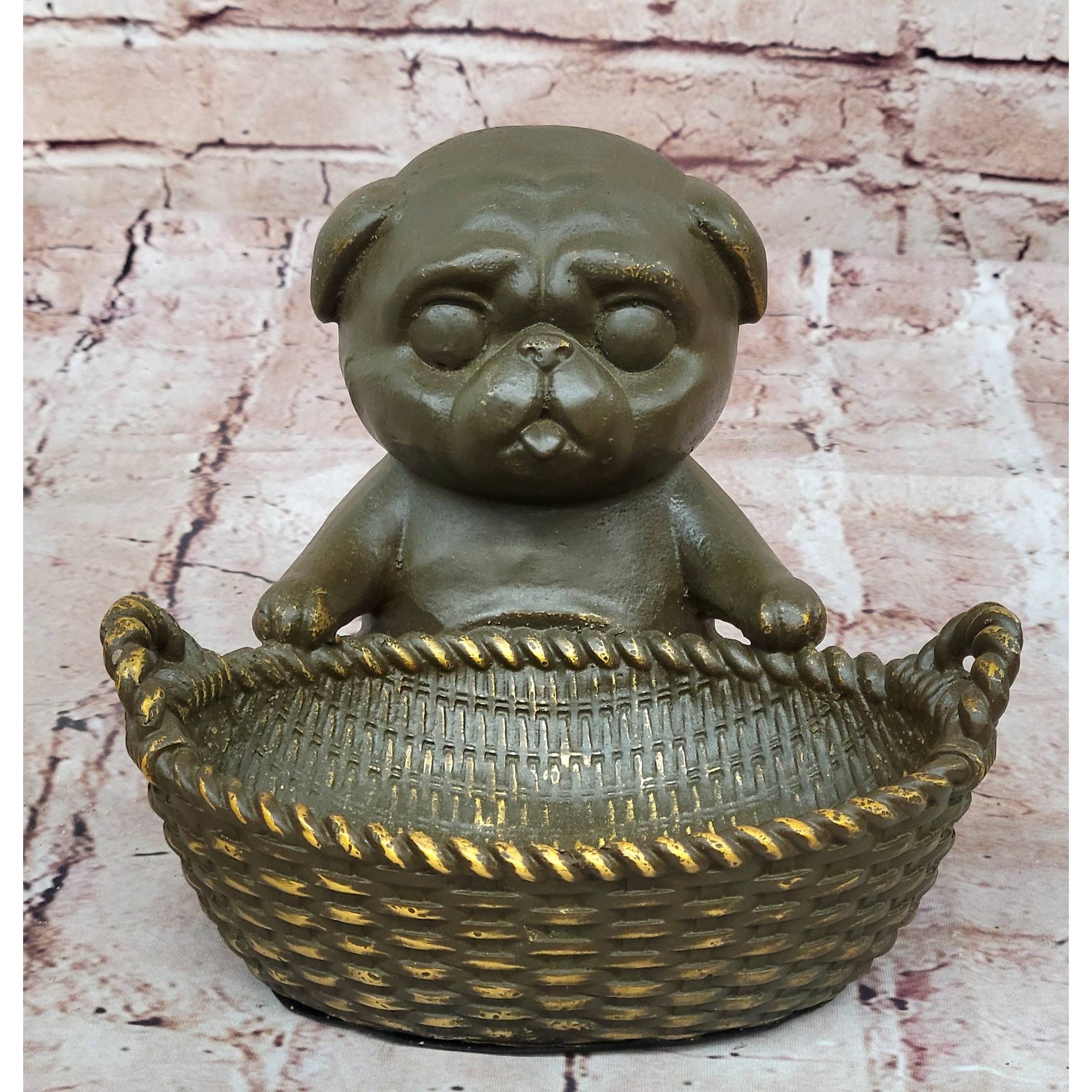 Bronze Pug In Basket Statue - Whimsical Dog Sculpture Decor