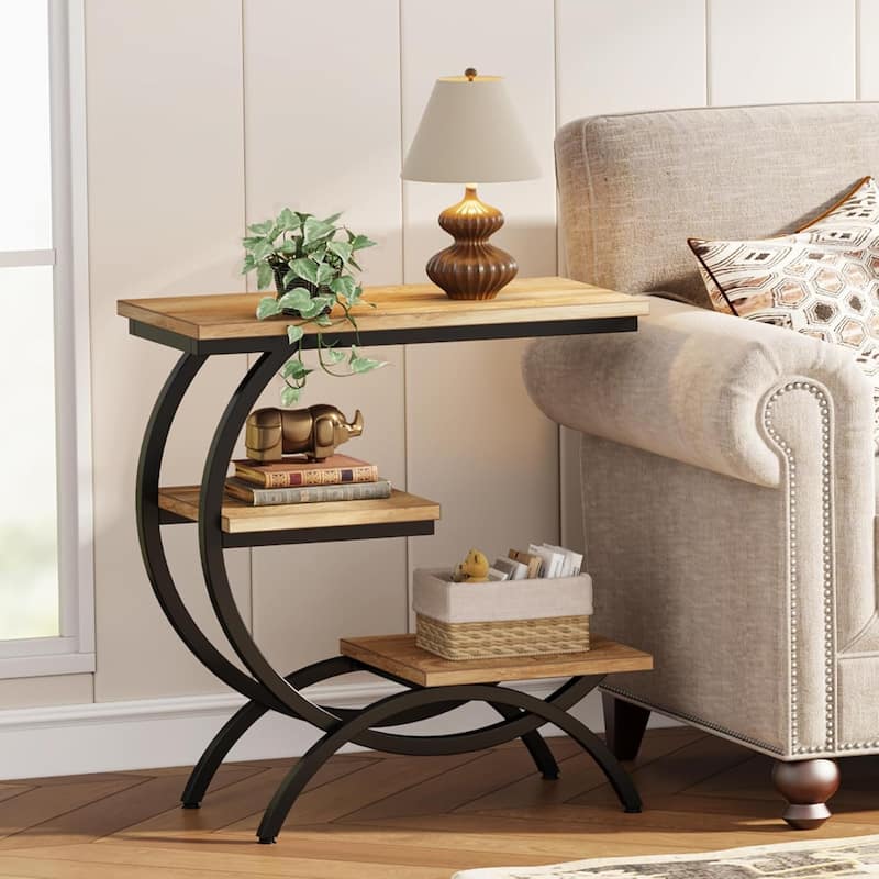 C-Shaped End Table, Industrial 3-Tier Side Table, Wood Bedside Table