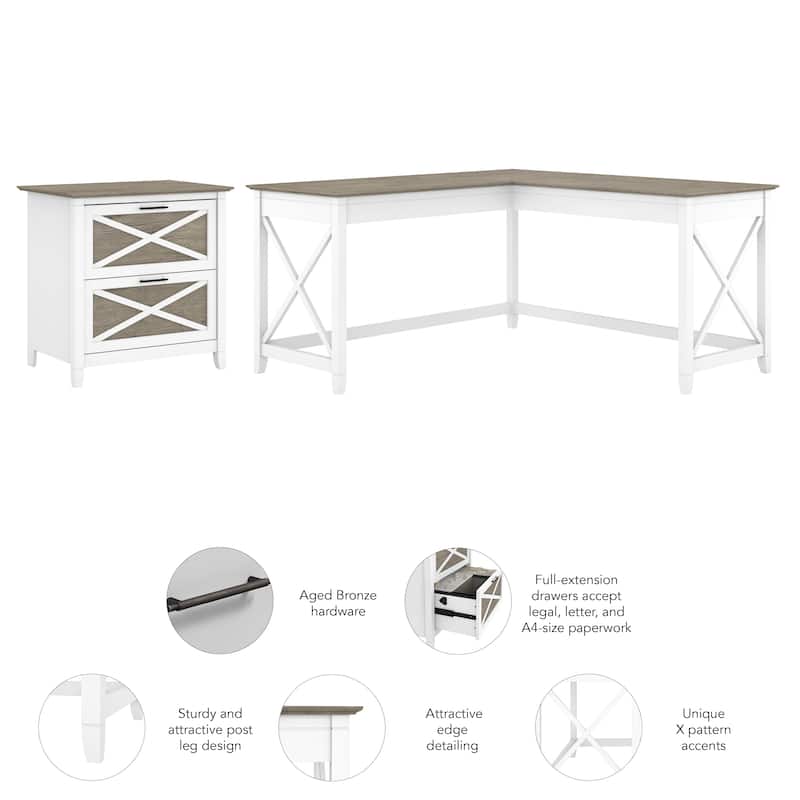 Key West 60W L Desk with 2 Drawer File Cabinet by Bush Furniture