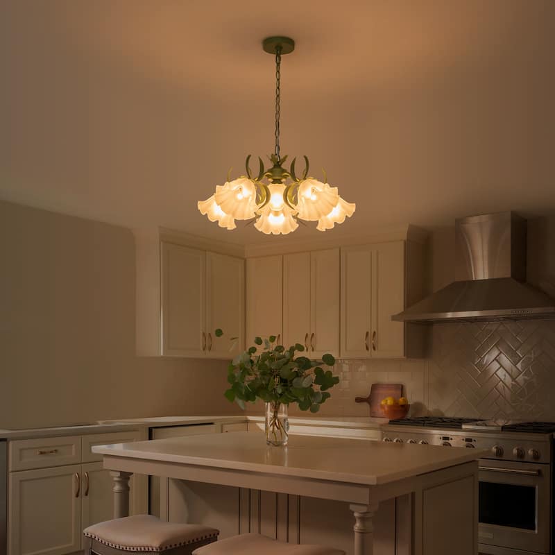 Botanical Green Chandelier with Floral Frosted Glass Shades