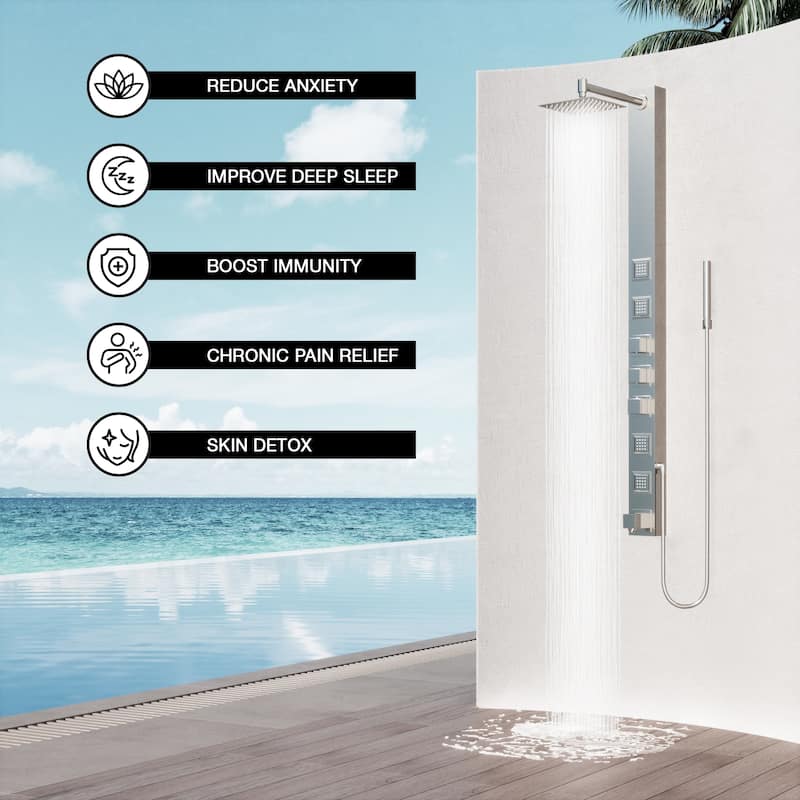 VIGO Bowery 58" H x 4" W 4-Jet Shower Panel with Square Shower Head and Tub Filler