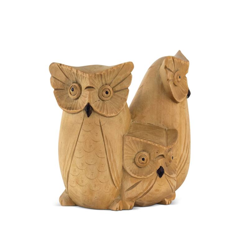 Wooden Handmade Owl and Family Figurine Handcrafted Hoot Statue Art Home Decor Sculpture Hand Carved Decorative Accent