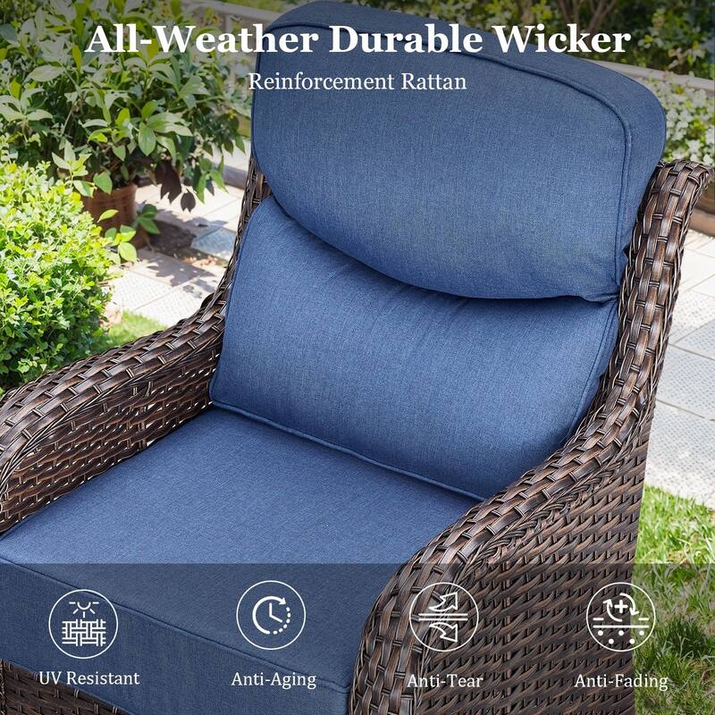 Pocassy Outdoor 6 Inch Sofa Chair Ottoman with Fire Pit Table Set