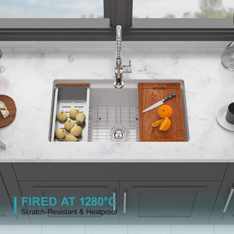 Undermount White Kitchen Sink Workstation - White Porcelain Ceramic Single Bowl Dual Mount Kitchen Sink