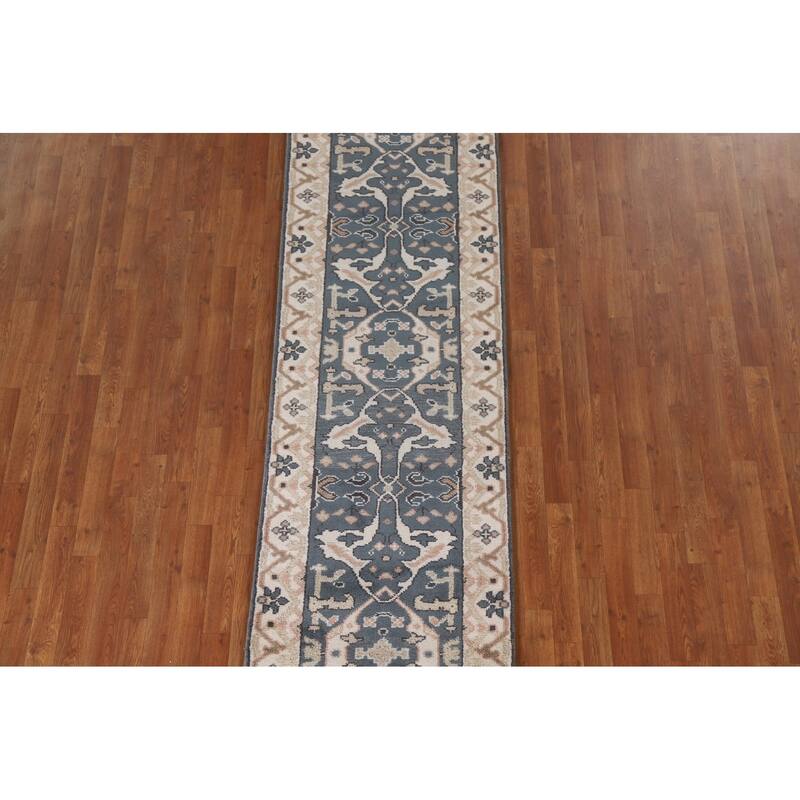 All-Over Blue Oushak Indian Runner Rug Hand-knotted Wool Carpet - 2'7"x 9'10"