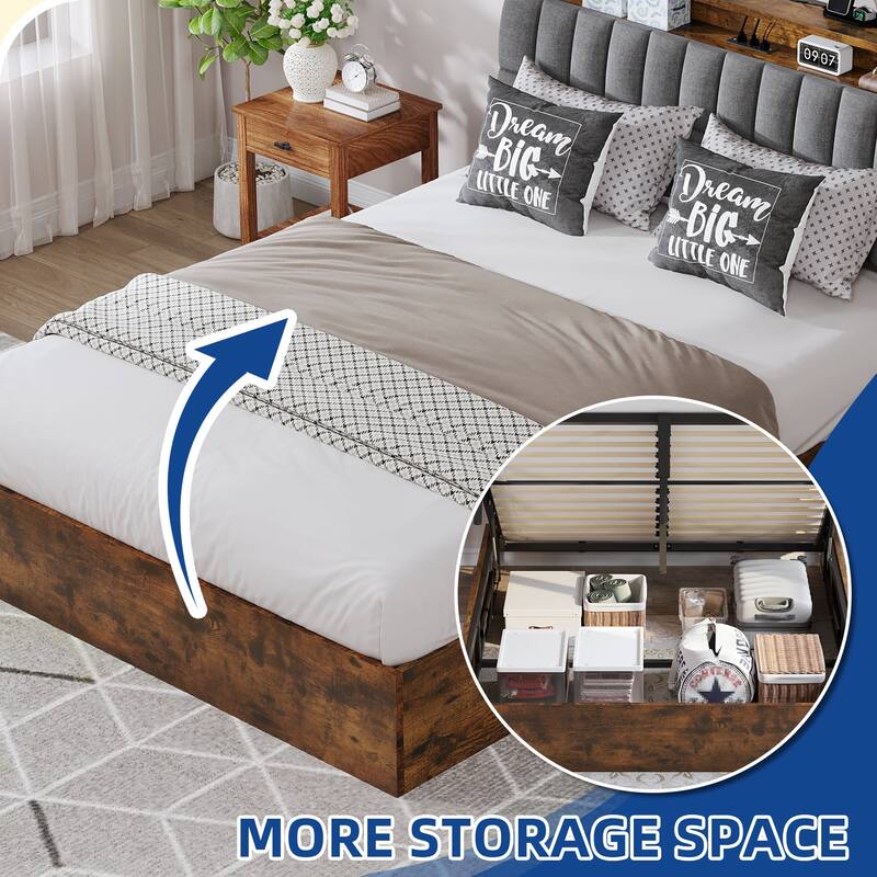Moasis Lift-Up Storage Bed Frame with Charging Station & Storage Headboard