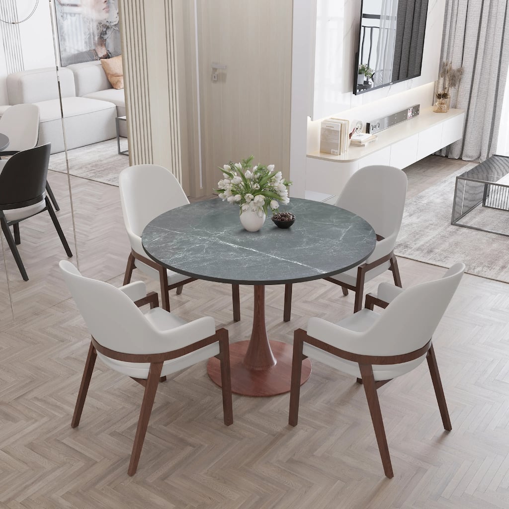 Bristol Round Dining Table 36 in. MDF Tabletop in Walnut Steel Pedestal Base for Modern Kitchen and Dining Room