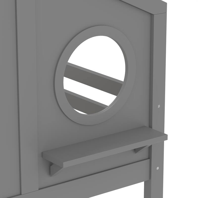 Roomfitters Twin House Bunk Bed with Slide and Storage Shelves, Solid Wood Frame with Window