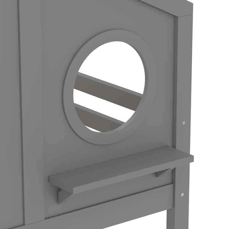 Twin House Bunk Bed with Slide & Storage Shelves - Solid Wood, Childlike Design, Window