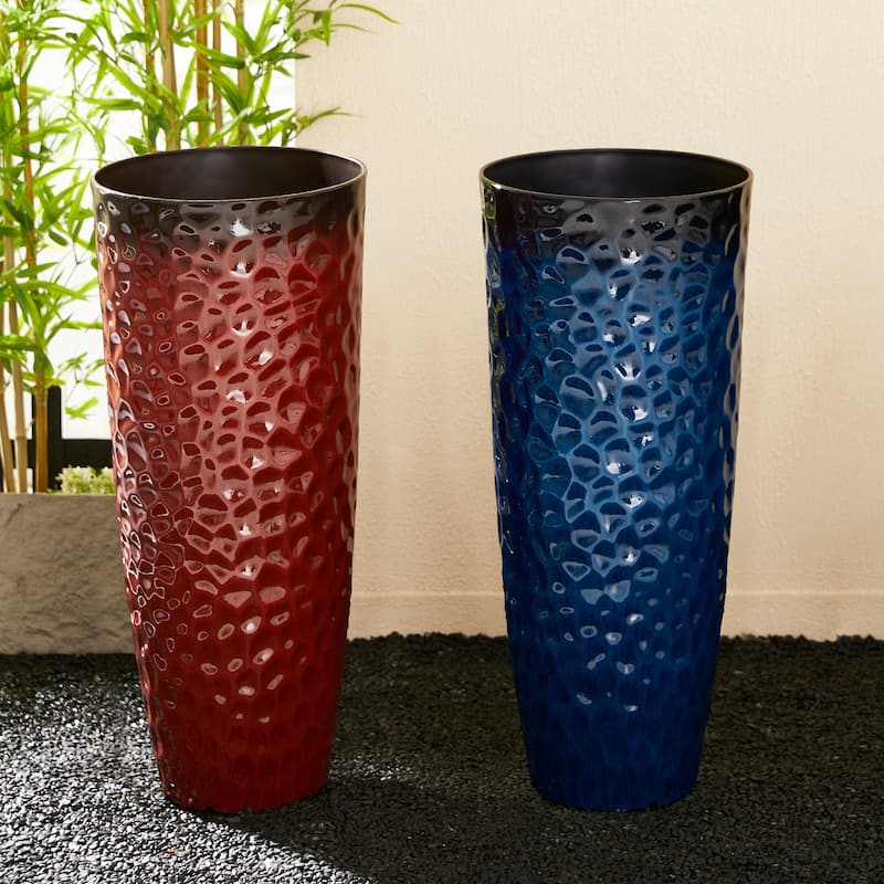 Glitzhome 31"H Set of 2 Oversized Eco-Friendly PP and Stone Honeycomb Textured Red Tall Plastic Planter