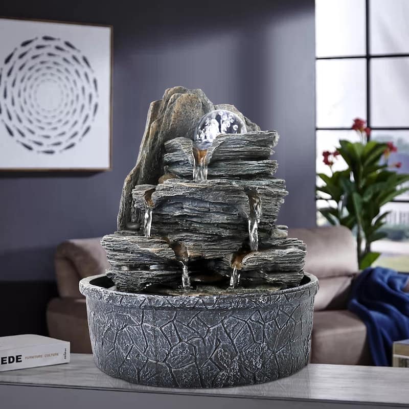 9.8inch Rockery Indoor Tabletop Water Fountain w/Lights & Crystal Ball - Grey