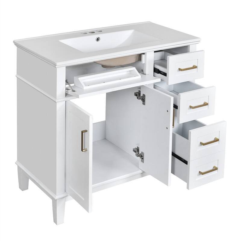 36" Bathroom Vanity with Ceramic Sink, Freestanding Bathroom Vanity Cabinet with 2 Soft Close Doors and 4 Storage Drawers