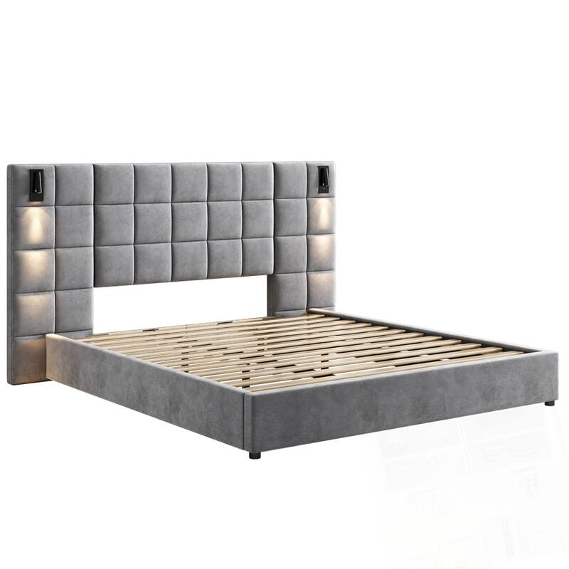 Velvet Upholstered bed with reading lamp and USB port