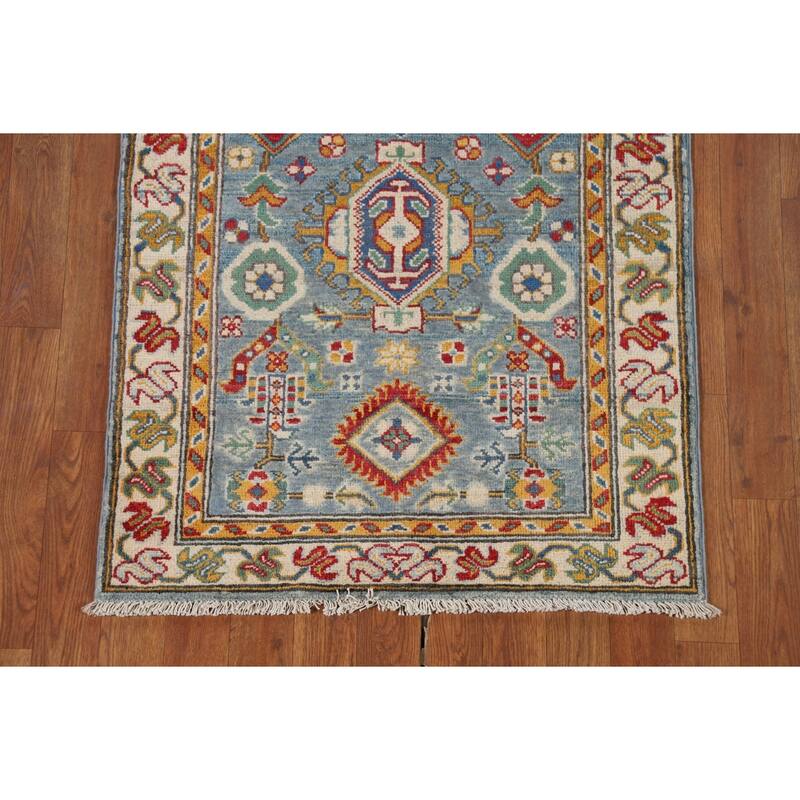 Light Blue Geometric Kazak Runner Rug Hand-Knotted Wool Carpet - 2'8" x 9'6"