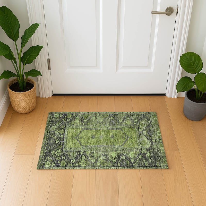 Premium Washable Super Soft Traditional Global Mayfield Rug - Olive - 1'8" x 2'6"