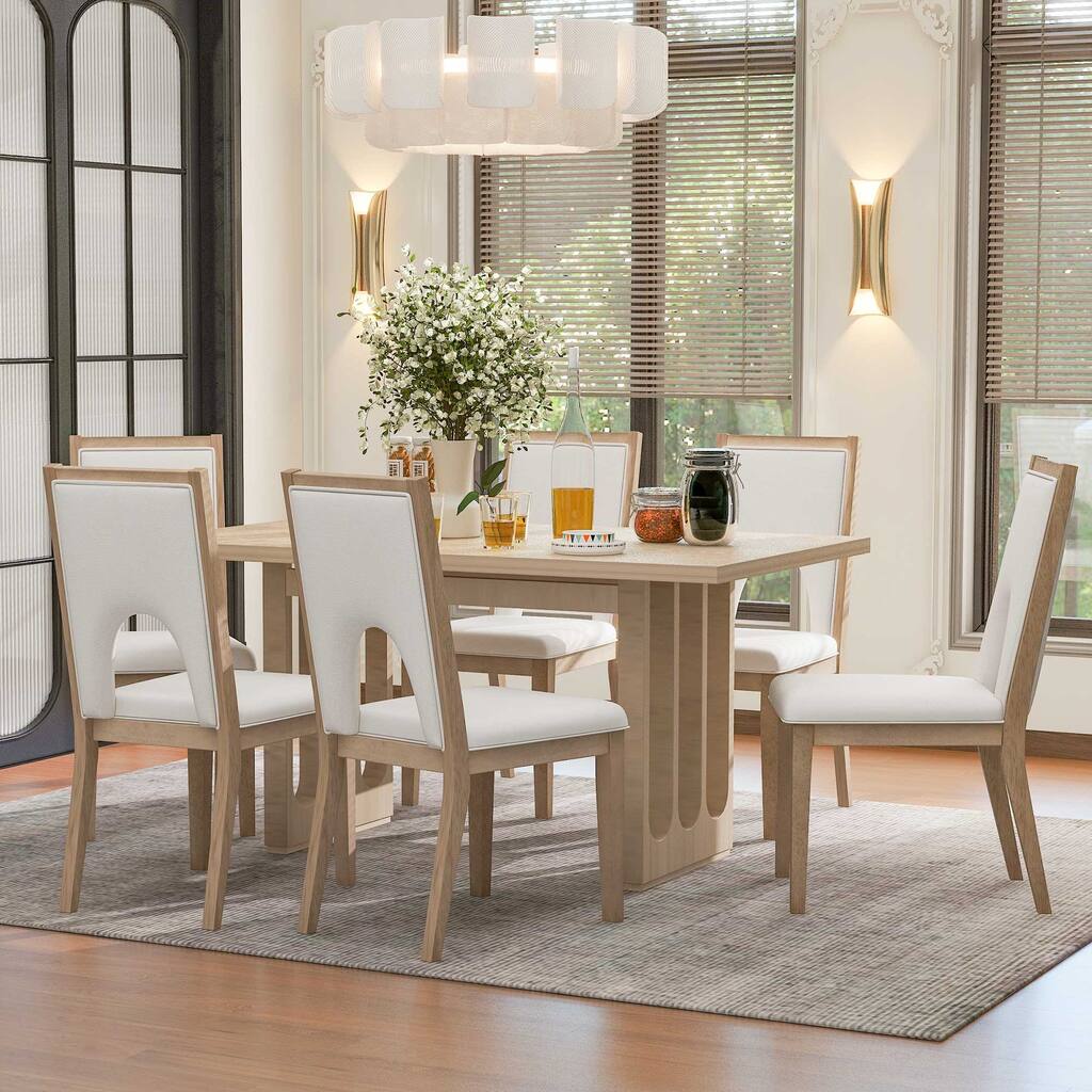 6-Piece Farmhouse Wood Dining Set, Rectangular Dining Table, 6 Upholstered Dining Chairs with Padded Seat