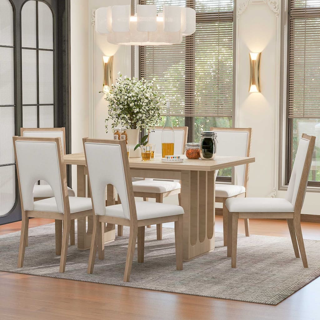 Wood Dining Table Set for 6, Farmhouse Rectangular Dining Table and 6 Upholstered Chairs Ideal
