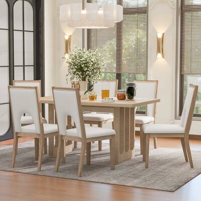 Wood Dining Table Set for 6, Rectangular Table and 6 Upholstered Chairs