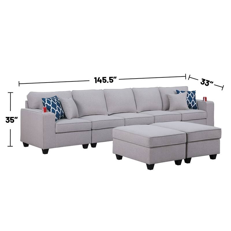 Linen Upholstered 5-Seater Sofa with 2 Ottomans in Light Gray