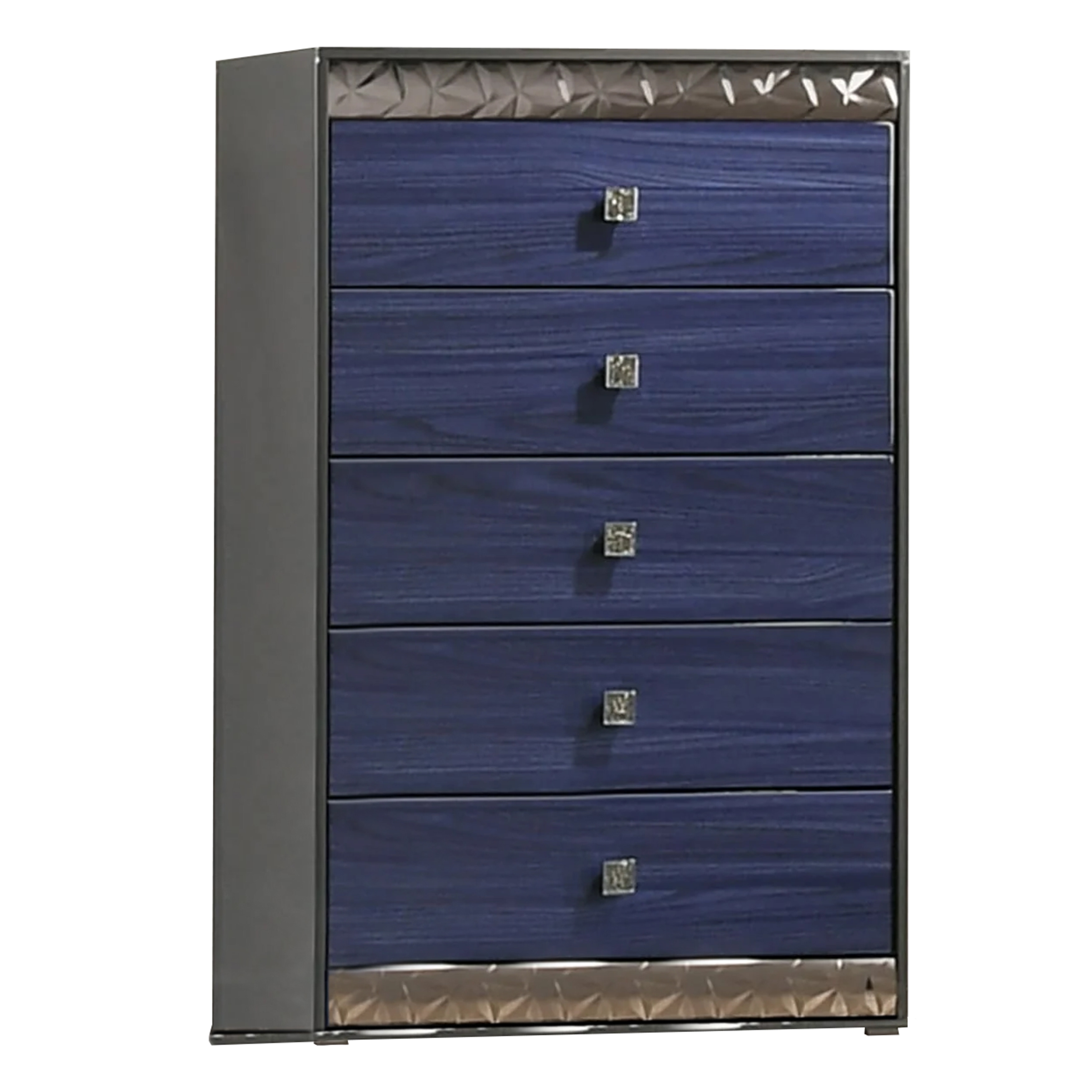 blue and gray dresser Furniture of America Ellia Ash Indigo 6-Drawer 61 in. with Wooden Panels and Geo Chrome Molding IDF-N7250BL-D Elevate your decor with our Gray 9 Repton Blue Two Tone Solid