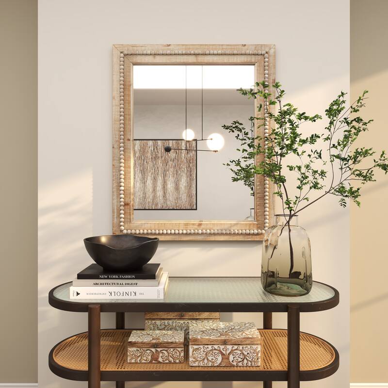 Contemporary Wood Distressed Wall Mirror with Beaded Detailing - Brown or White