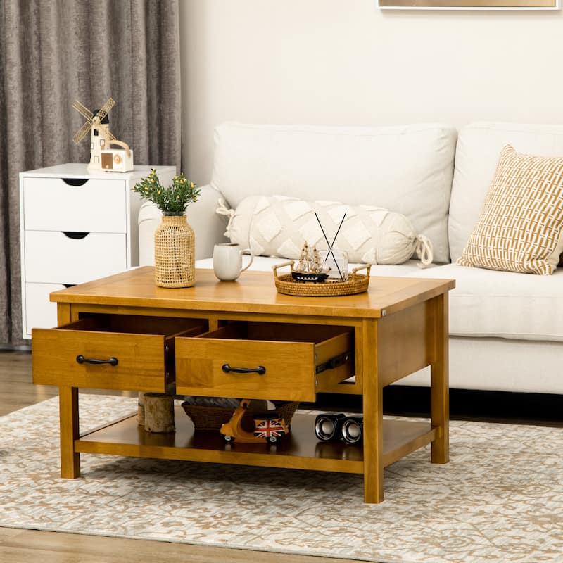HOMCOM Rustic Coffee Table, Wood Cocktail Table with Drawers and Open Shelf for Living Room, Natural