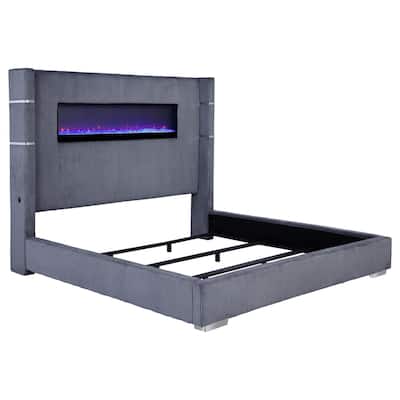 Caro King Bed, Wingback Panel w LED Flame, Gray Corduroy Upholstery