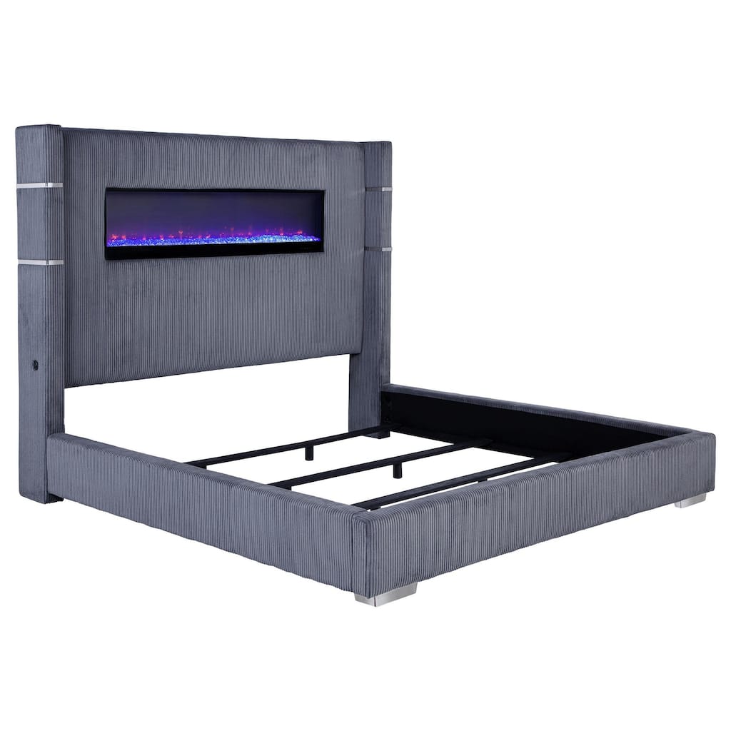 Caro King Bed, Wingback Panel w LED Flame, Gray Corduroy Upholstery
