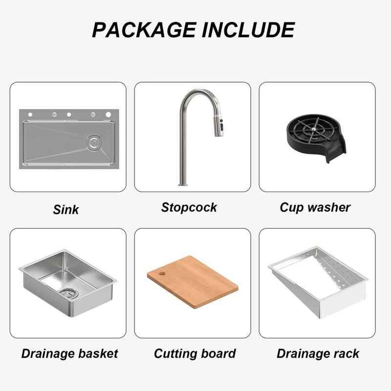 Kitchen Drop In Waterfall Sink Workstation Pull Out Faucet 2 Sizes