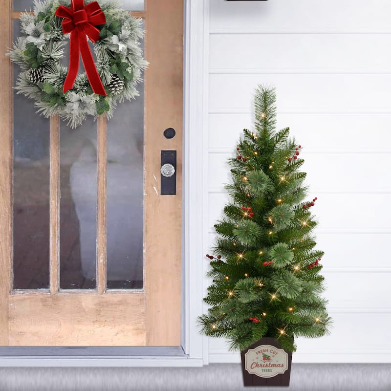 Puleo International Set of 2 Artificial Feather-Like Pre-Lit Battery-Operated Potted Christmas Trees with Berries - 3.5 Foot