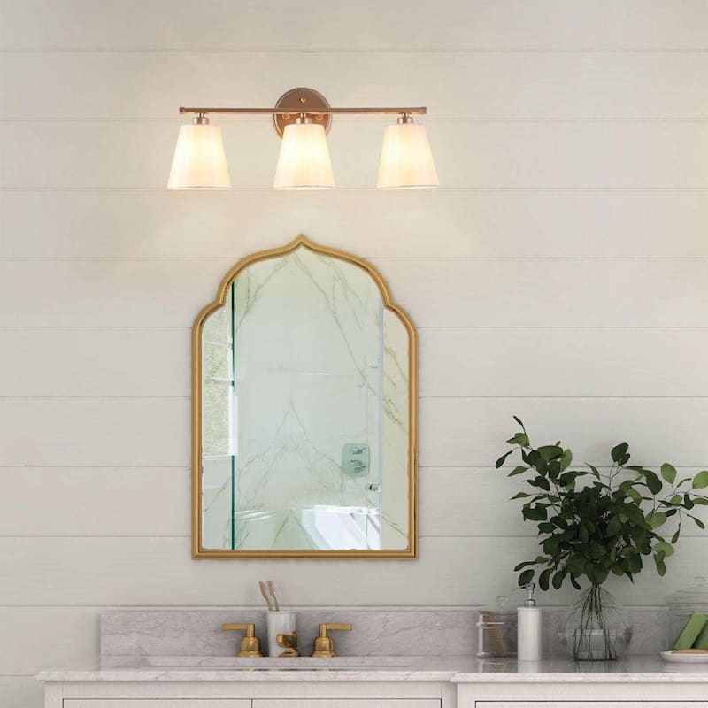 Fabrey Mid-century Modern 3-light Gold Bathroom Vanity Light Cone Beige Fabric Shade Dimmable Wall Sconces