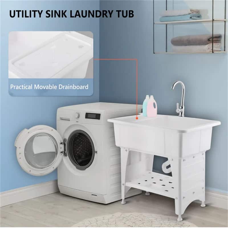Utility Washing Room Sink Laundry Tub with Faucet & Shelf & Drainboard