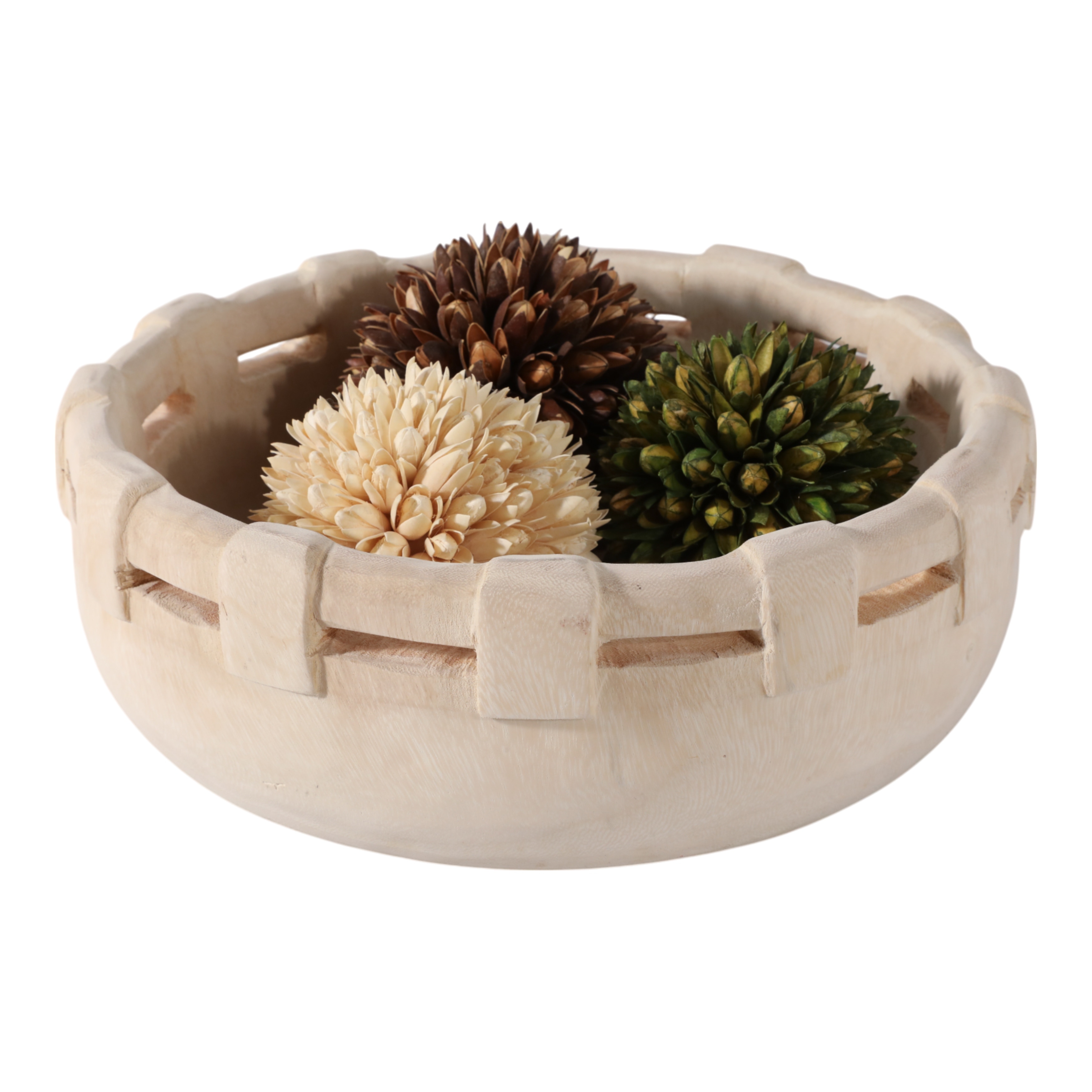 Decorative Wooden Carved Bowl with Cutout Rim Design - 6", White - 13.5"