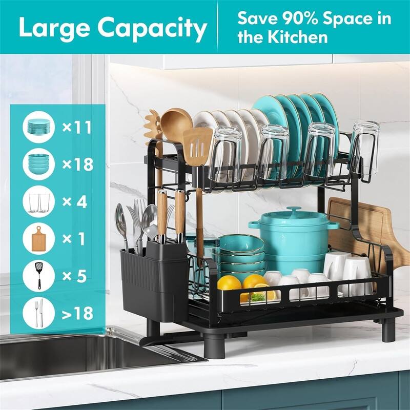 2-Tier Stainless Steel Dish Rack with Utensil Holder