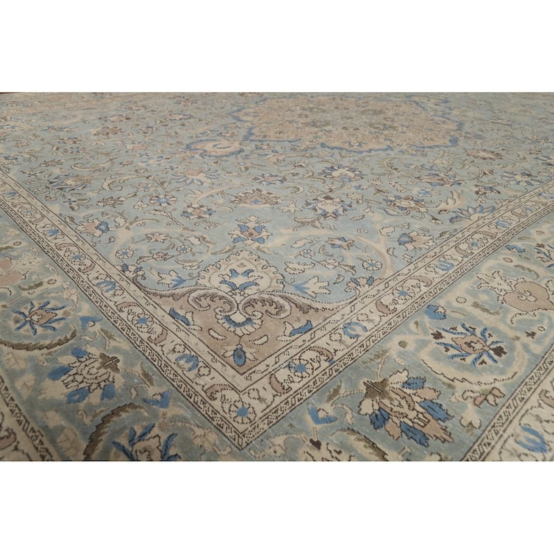 Blue Floral Medallion Tabriz Persian Area Rug Hand-Knotted Wool Carpet - 9'5"x 12'7"