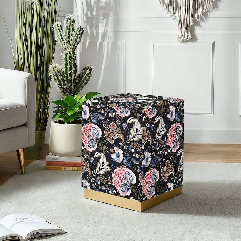 Adeco Square Velvet Ottoman Upholstered Stool Vanity Gold Plating Base - Flower