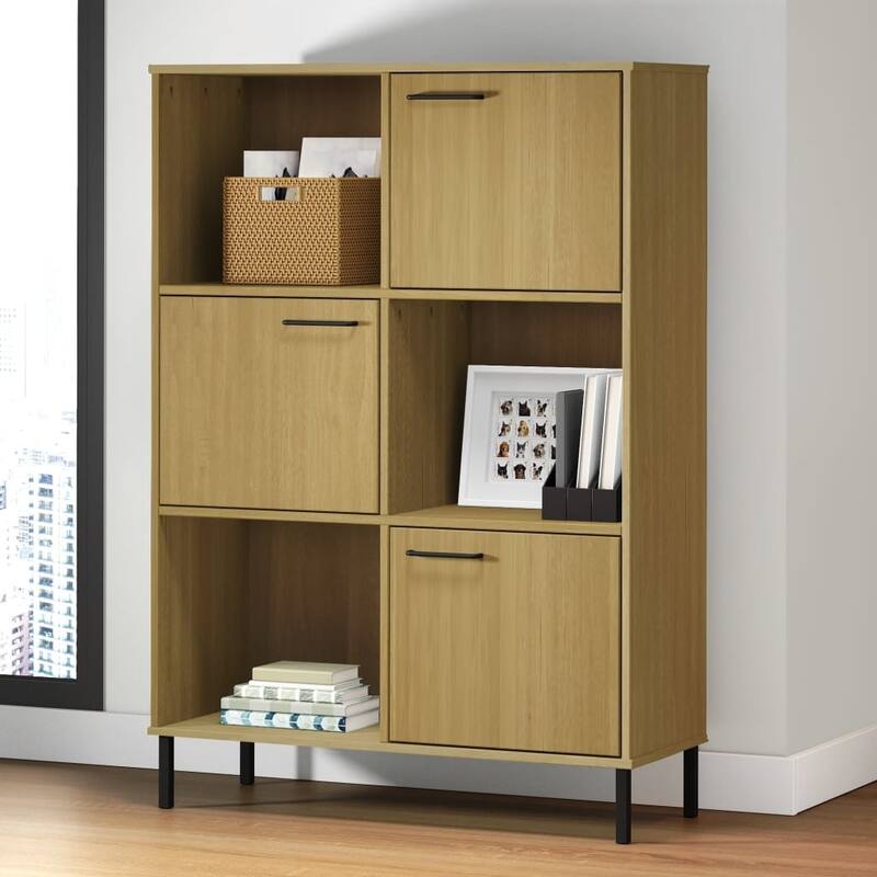 vidaXL Bookshelf Book Cabinet with Metal Legs Storage Cabinet OSLO Solid Wood - 35.4" x 13.8" x 50.6" - Brown