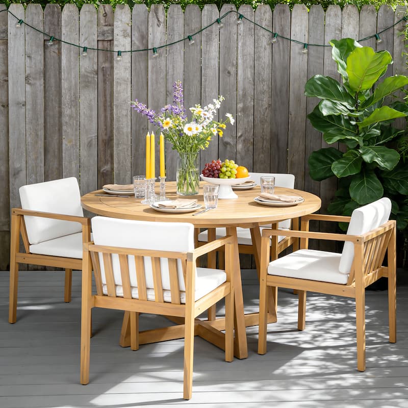 Christopher Knight Home - Outdoor Acacia Wood Upholstered Dining Chairs Set with Seat Cushions & Slatted Back, Teak Finish - Set of 4-Light Teak+Beige