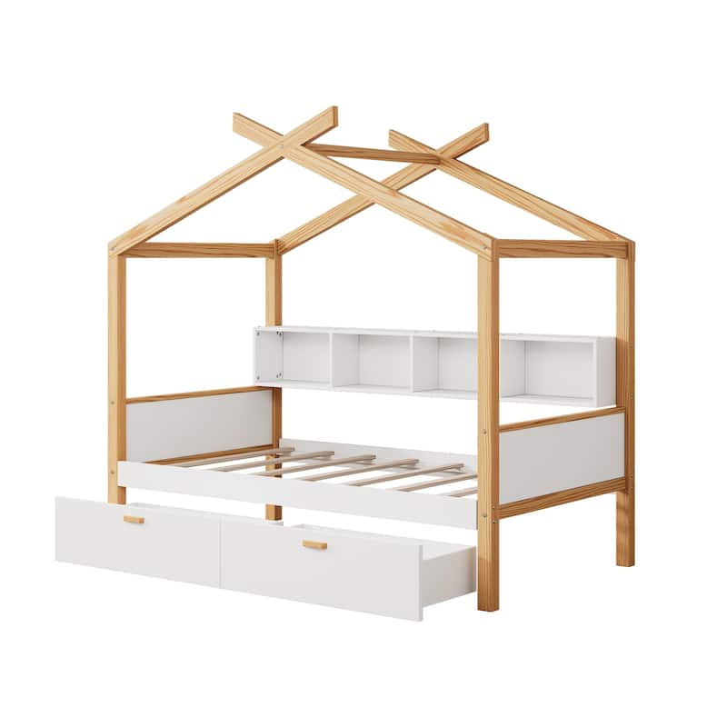 House-shaped Bed Frame for Bedroom Kids Boys Girls Daybed with Side Bookcase, Available with Trundle Bed or Storage Drawers