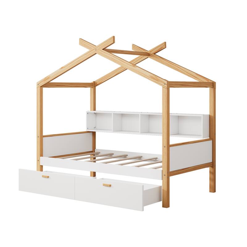 Wooden House Bed with Dual Storage Drawers & Built-in Bookshelf by Harper&Bright Designs