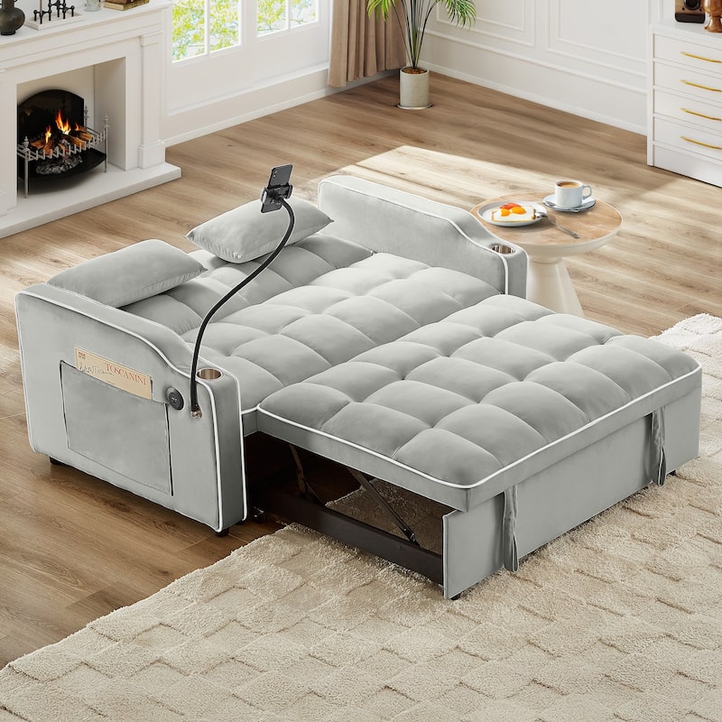 Convertible Sofa Bed Loveseat with Adjustable Backrest & Storage Pockets, Pull-Out Sleeper Sofa with USB Charging Ports