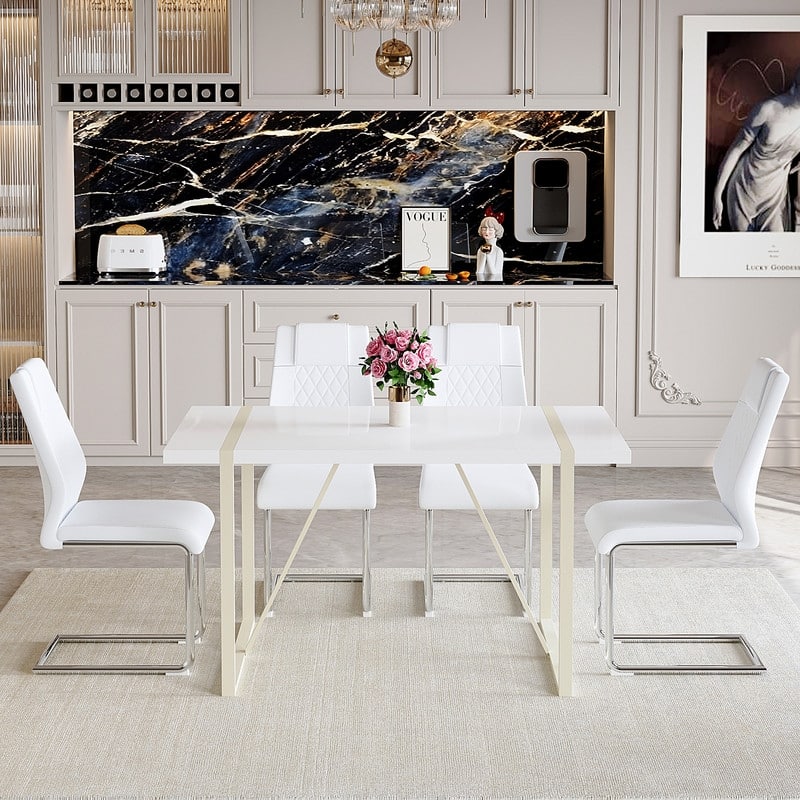5-Piece Cream White MDF Dining Table Set, with 4 Chairs, Silver Metal Legs, Kitchen Dining Room Set