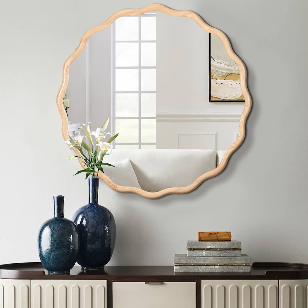 Roomfitters 36" Solid Wood Wavy Mirror, Modern Round Wall Decor for Bathroom, Bedroom & Entryway, Natural Wood