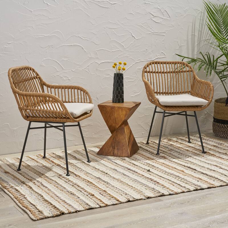 Set of 2 Modern Indoor/Outdoor Rattan Accent Chairs with Metal Legs