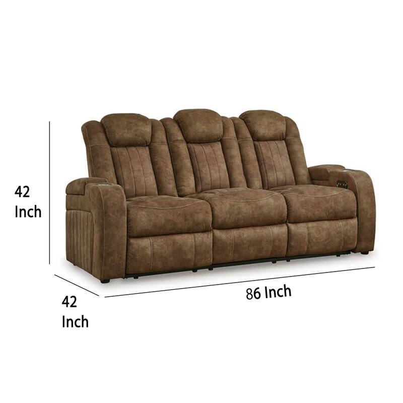 Alexy Power Recliner Sofa, USB, Storage, Brown Faux Leather 86 Inch